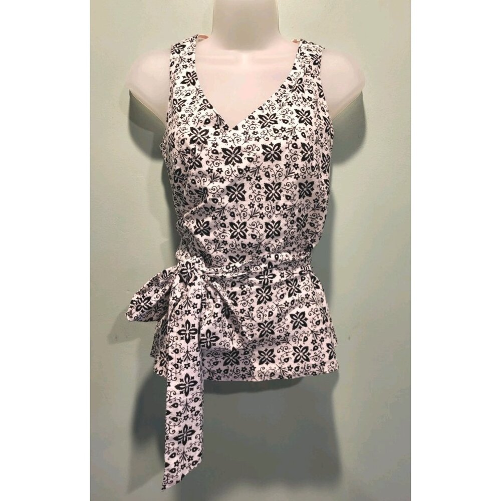 Boden Black White Floral Linen Blend Sleeveless Wrap Top Sz 2
